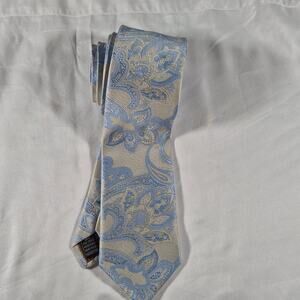 Imani Uomo Mens Tie Hand Made 100% Silk Touch Micro Fibre Baby Blue/Cream Floral
